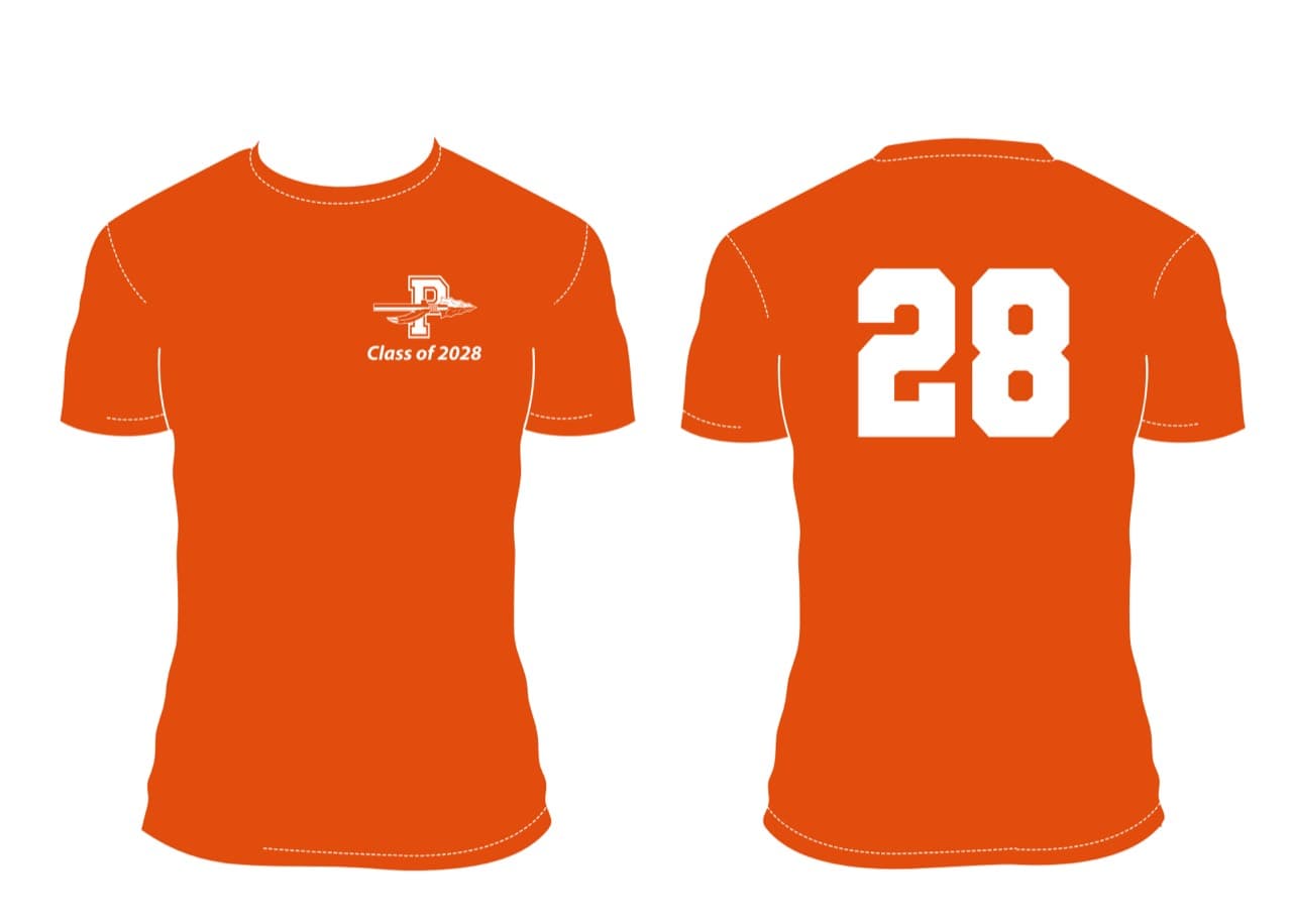 Front and back preview of the orange Classic Class of 2028 T-shirt