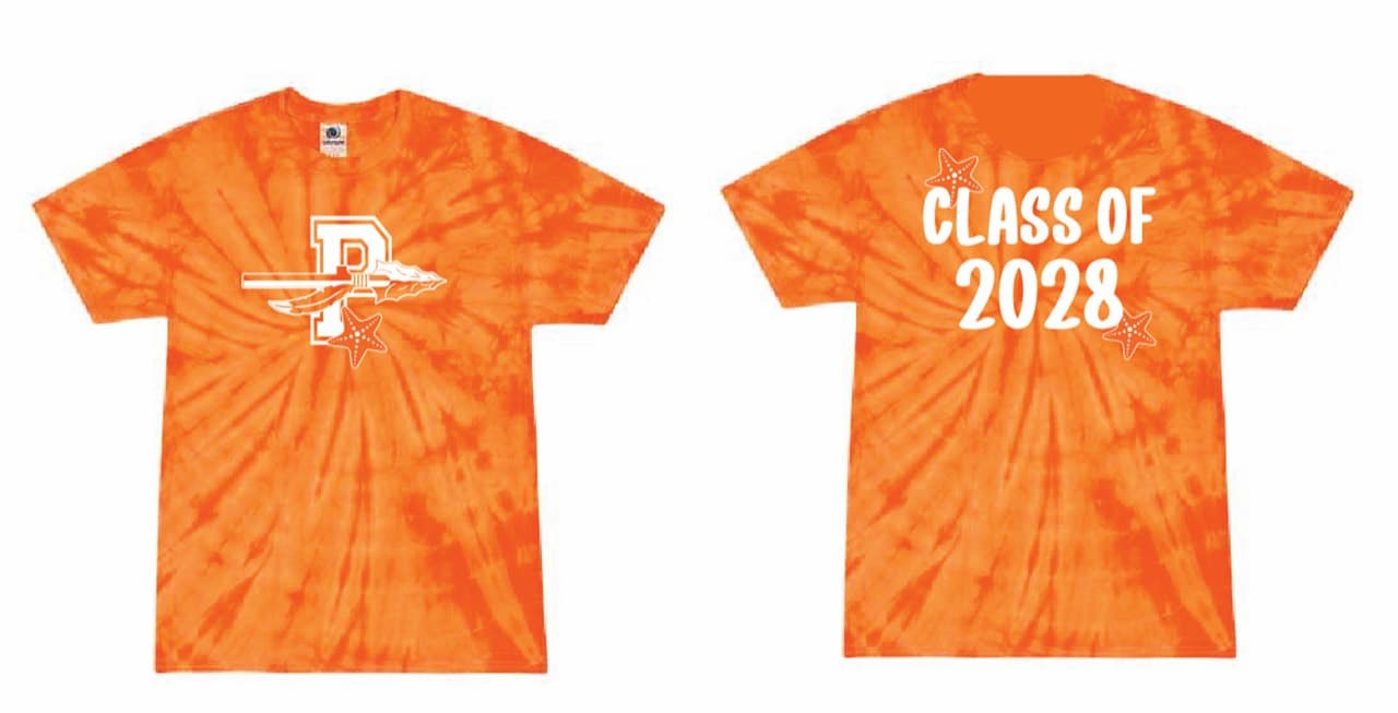 Front and back preview of the orange tie-dye Class of 2028 T-shirt